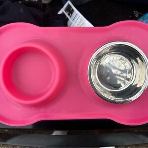 Pink Pet Feeding Mat with Stainless Steel Bowl